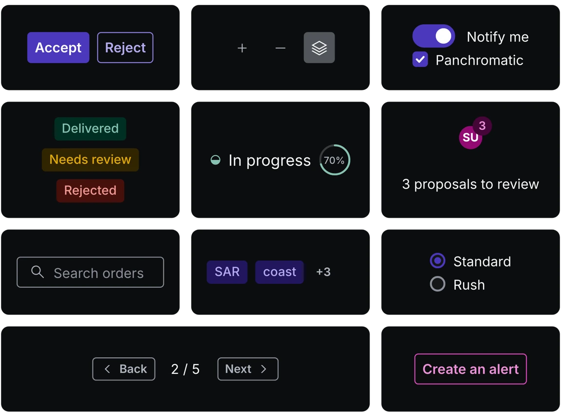 Douglas components side by side: buttons, map controls, a switch and checkbox, status tags, a progress ring, search, tags, radios, paging, a date and a toast button