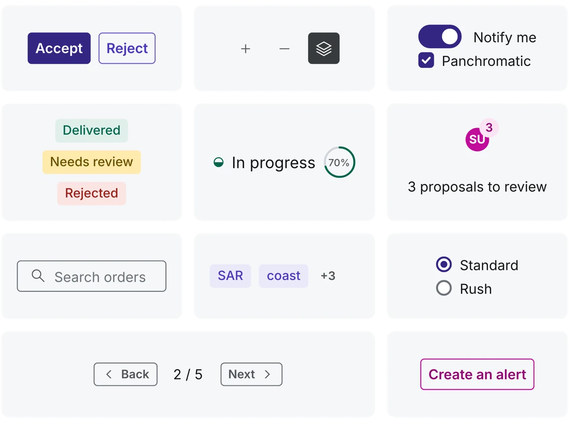 Douglas components side by side: buttons, map controls, a switch and checkbox, status tags, a progress ring, search, tags, radios, paging, a date and a toast button